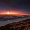 This artist’s impression shows a view of the surface of the planet Proxima b orbiting the red dwarf star Proxima Centauri, the closest star to its Solar System. 