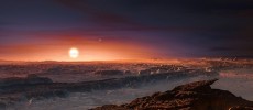 This artist’s impression shows a view of the surface of the planet Proxima b orbiting the red dwarf star Proxima Centauri, the closest star to its Solar System. 
