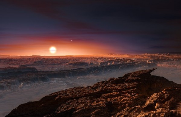 This artist’s impression shows a view of the surface of the planet Proxima b orbiting the red dwarf star Proxima Centauri, the closest star to its Solar System. 