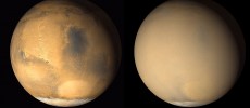 Two 2001 images from the Mars Orbiter Camera on NASA's Mars Global Surveyor orbiter show a dramatic change in the planet's appearance when haze raised by dust-storm activity in the south.