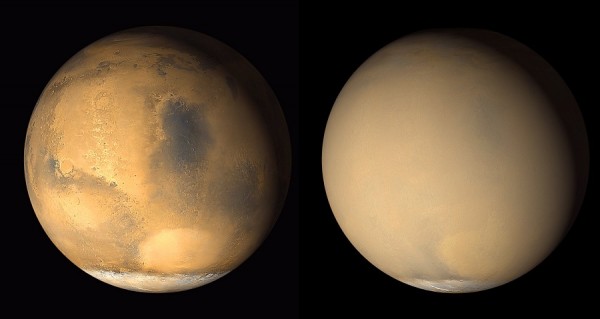 Two 2001 images from the Mars Orbiter Camera on NASA's Mars Global Surveyor orbiter show a dramatic change in the planet's appearance when haze raised by dust-storm activity in the south.
