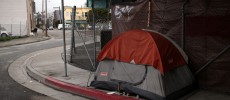 A homeless tent on a sidewalk in San Francisco.