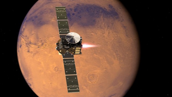 The ExoMars Trace Gas Orbiter (TGO) and its entry, descent and landing demonstrator module, Schiaparelli, approach Mars.