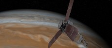 This artist's rendering shows NASA's Juno spacecraft making one of its close flybys over Jupiter.