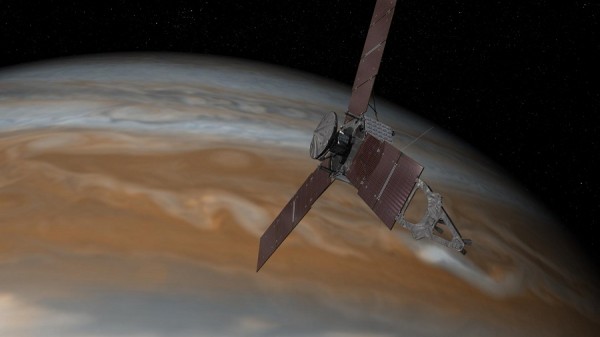 This artist's rendering shows NASA's Juno spacecraft making one of its close flybys over Jupiter.