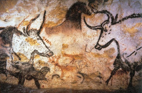 Cave painting of aurochs, horses, and deer at Lascaux, France.