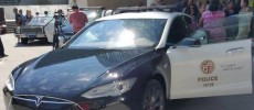 A Tesla Model S car painted by the LAPD for patrol duty.