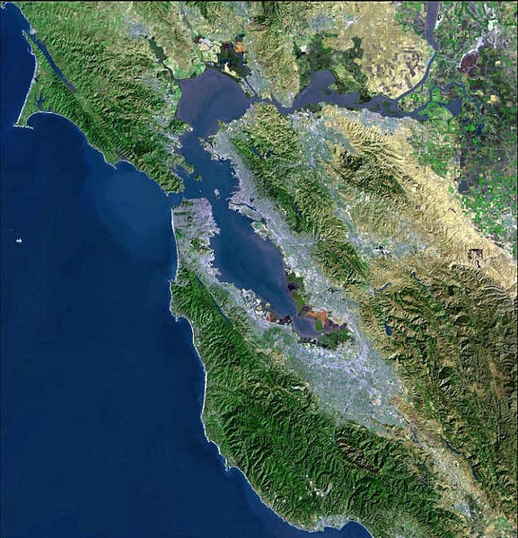 A satellite map of the San Francisco Bay area.