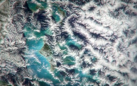 Satellite imagery reveals hexagonal-shaped clouds over the Bermuda Triangle.