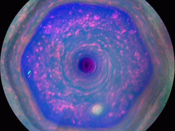 This colorful view from NASA's Cassini mission is the highest-resolution view of the unique six-sided jet stream at Saturn's north pole known as "the hexagon."