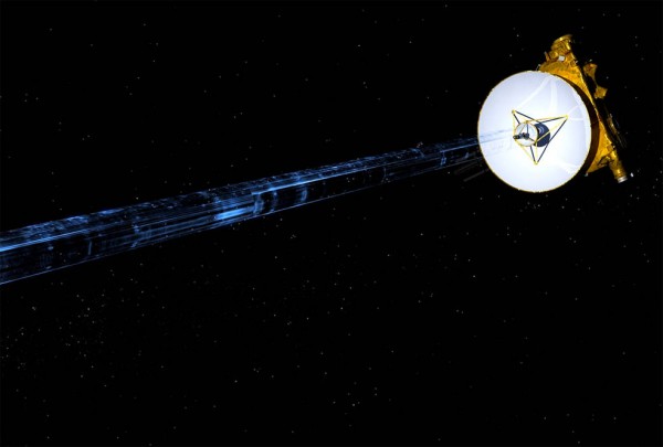 An artist’s illustration of NASA’s New Horizons spacecraft transmitting data back to Earth. (NASA/JHUAPL/SwRI)