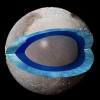 This cutaway image of Pluto shows a section through the area of Sputnik Planitia, with dark blue representing a subsurface ocean and light blue for the frozen crust. (Pam Engebretson/UC Santa Cruz)