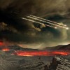 This is an artist's concept of the young Earth being bombarded by asteroids. (NASA's Goddard Space Flight Center Conceptual Image Lab)