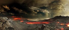 This is an artist's concept of the young Earth being bombarded by asteroids. (NASA's Goddard Space Flight Center Conceptual Image Lab)