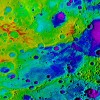 Using colorized topography, Mercury’s “great valley” (dark blue) and Rembrandt impact basin (purple) are revealed in this high-resolution digital elevation model merged with an image. (NASA)