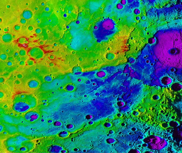 Using colorized topography, Mercury’s “great valley” (dark blue) and Rembrandt impact basin (purple) are revealed in this high-resolution digital elevation model merged with an image. (NASA)