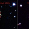 Comparison between a false-color pre-explosion image from the Dark Energy Survey and false-color follow-up image from the LCOGT 1-m network, courtesy of Benjamin Shappee. 