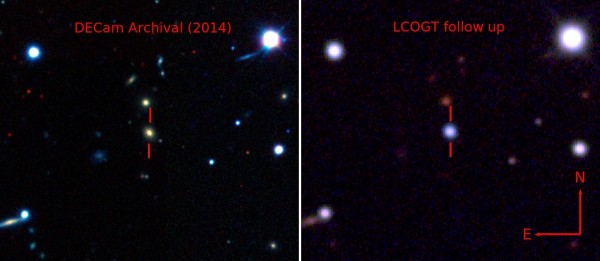 Comparison between a false-color pre-explosion image from the Dark Energy Survey and false-color follow-up image from the LCOGT 1-m network, courtesy of Benjamin Shappee. 